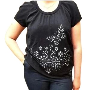 Desigual Black & White Floral/Butterfly Short Sleeve Blouse